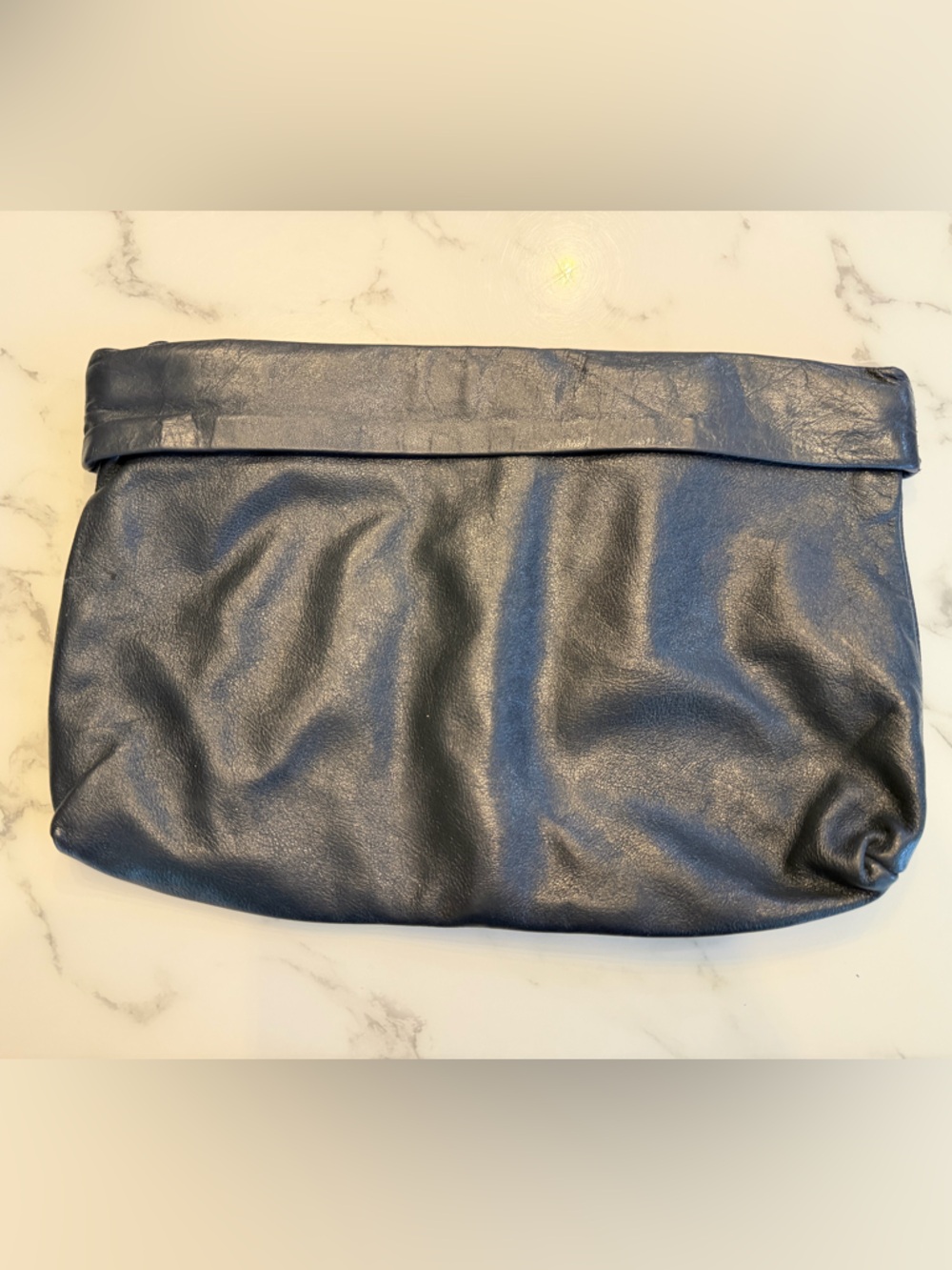 EUC: Vintage Dark Navy/Black Leather Foldover Clutch Handbag Purse